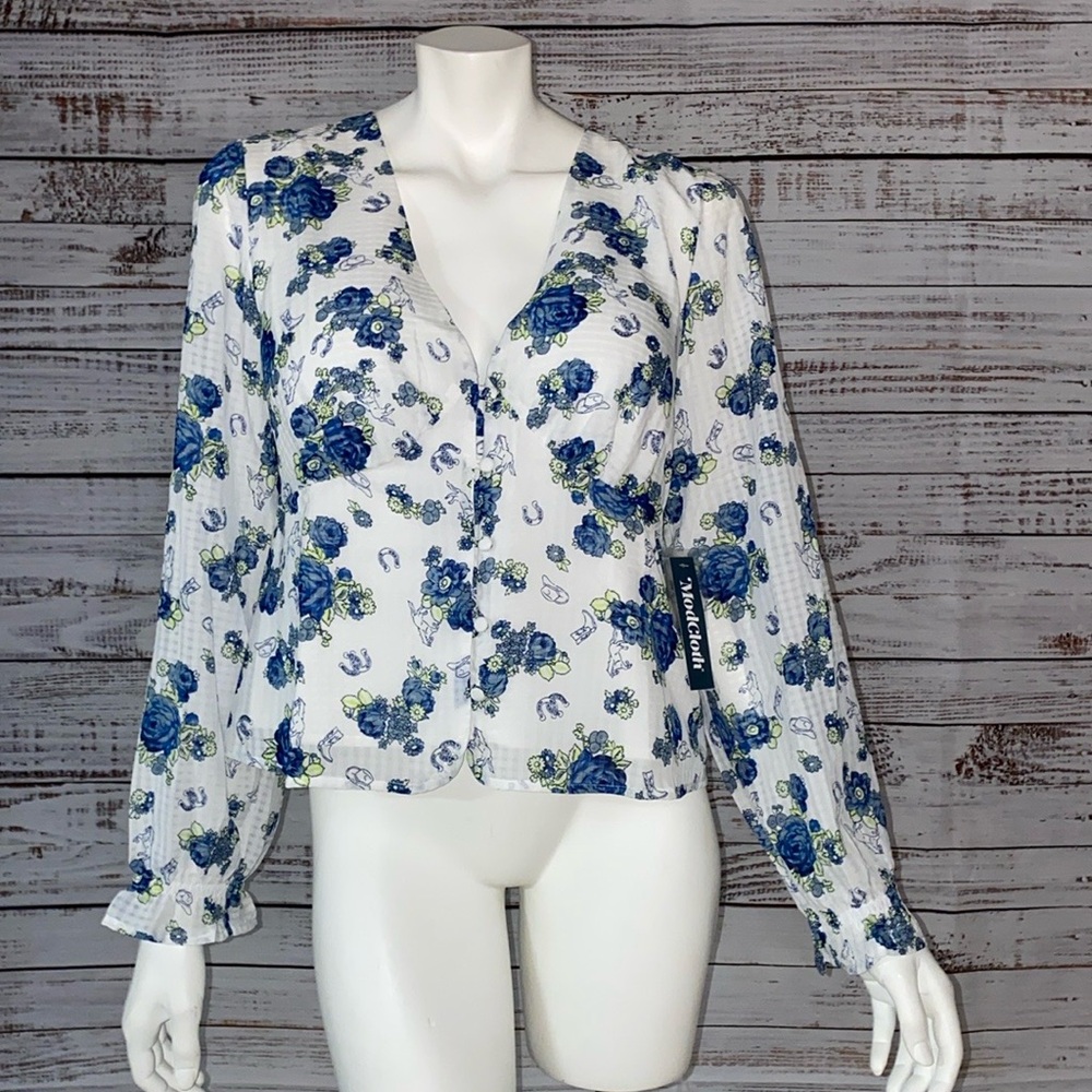 NWT ModCloth white and blue floral western pattern button up size large